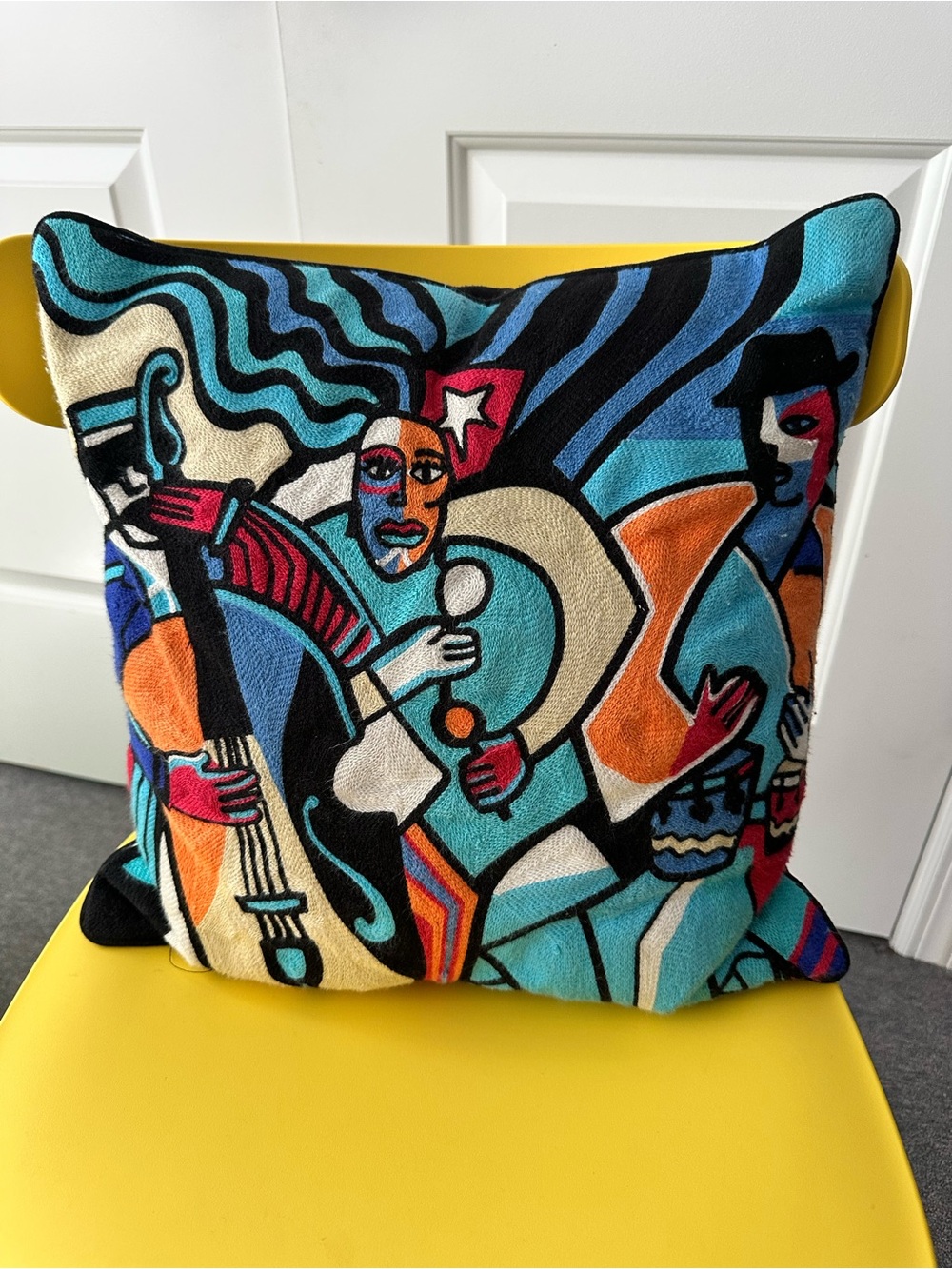16” Colorful Cubist Style Art Deco Jazz Musicians Embroidered Throw Pillow